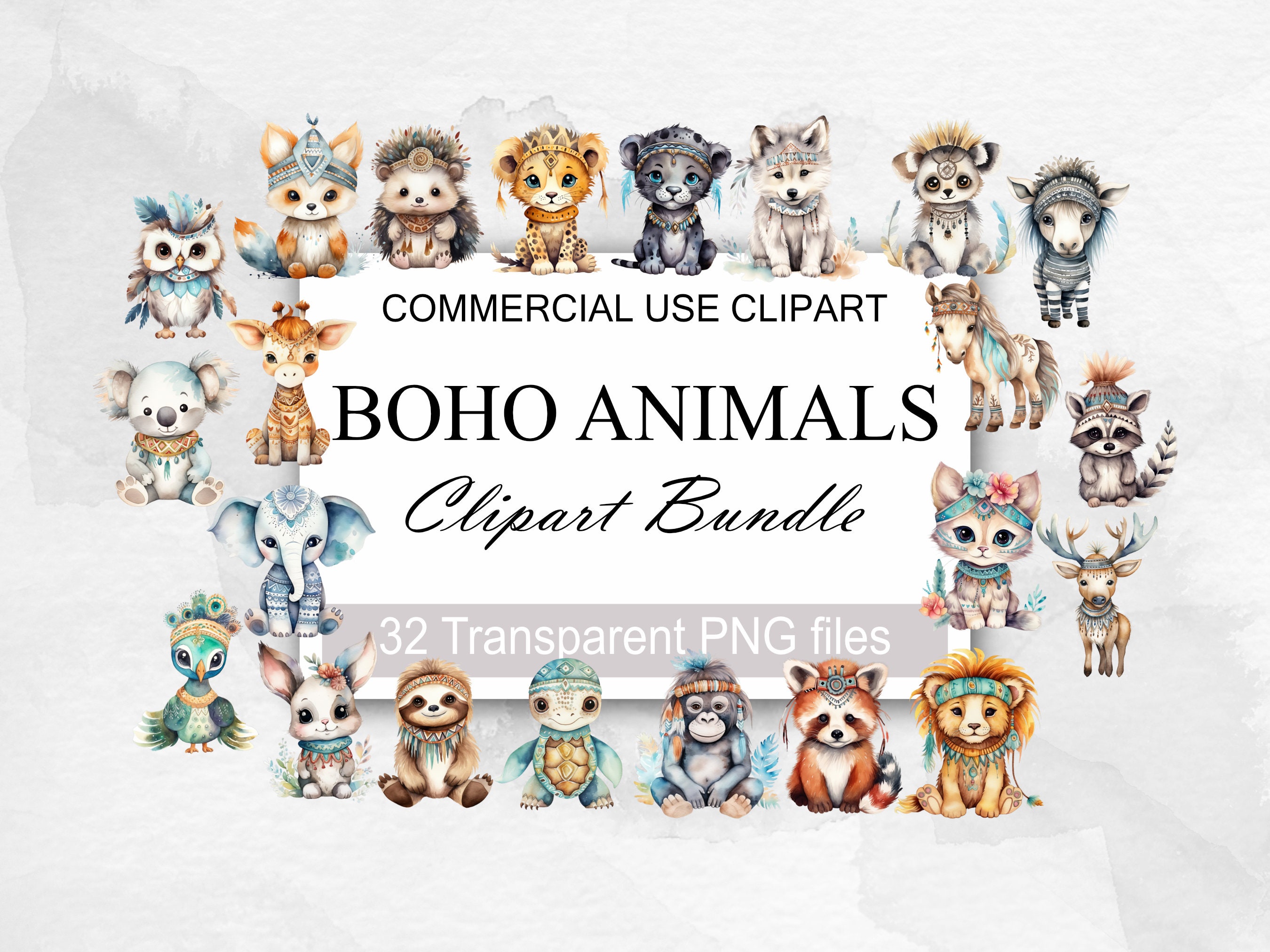 Watercolor Boho Baby Clipart, 32 PNG, Nursery Animal Clip Art, Newborn ...