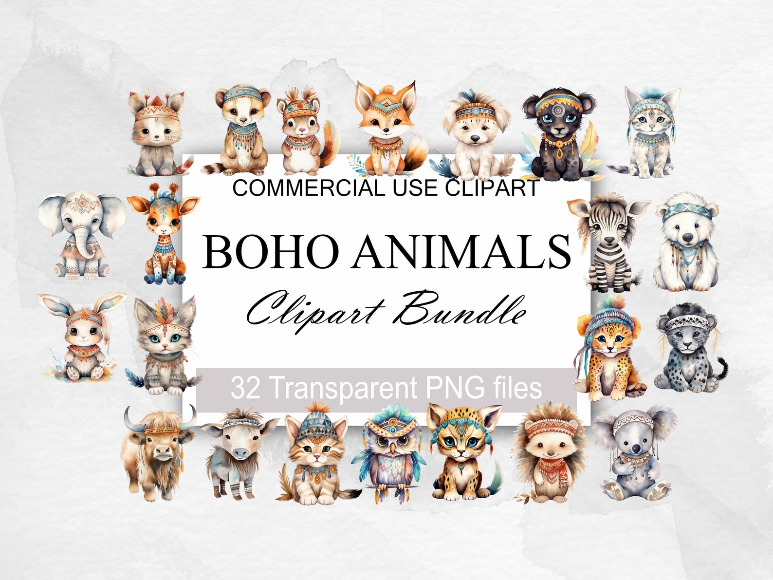 Watercolor Boho Baby Clipart, 32 PNG, Nursery Animal Clip Art, Newborn ...