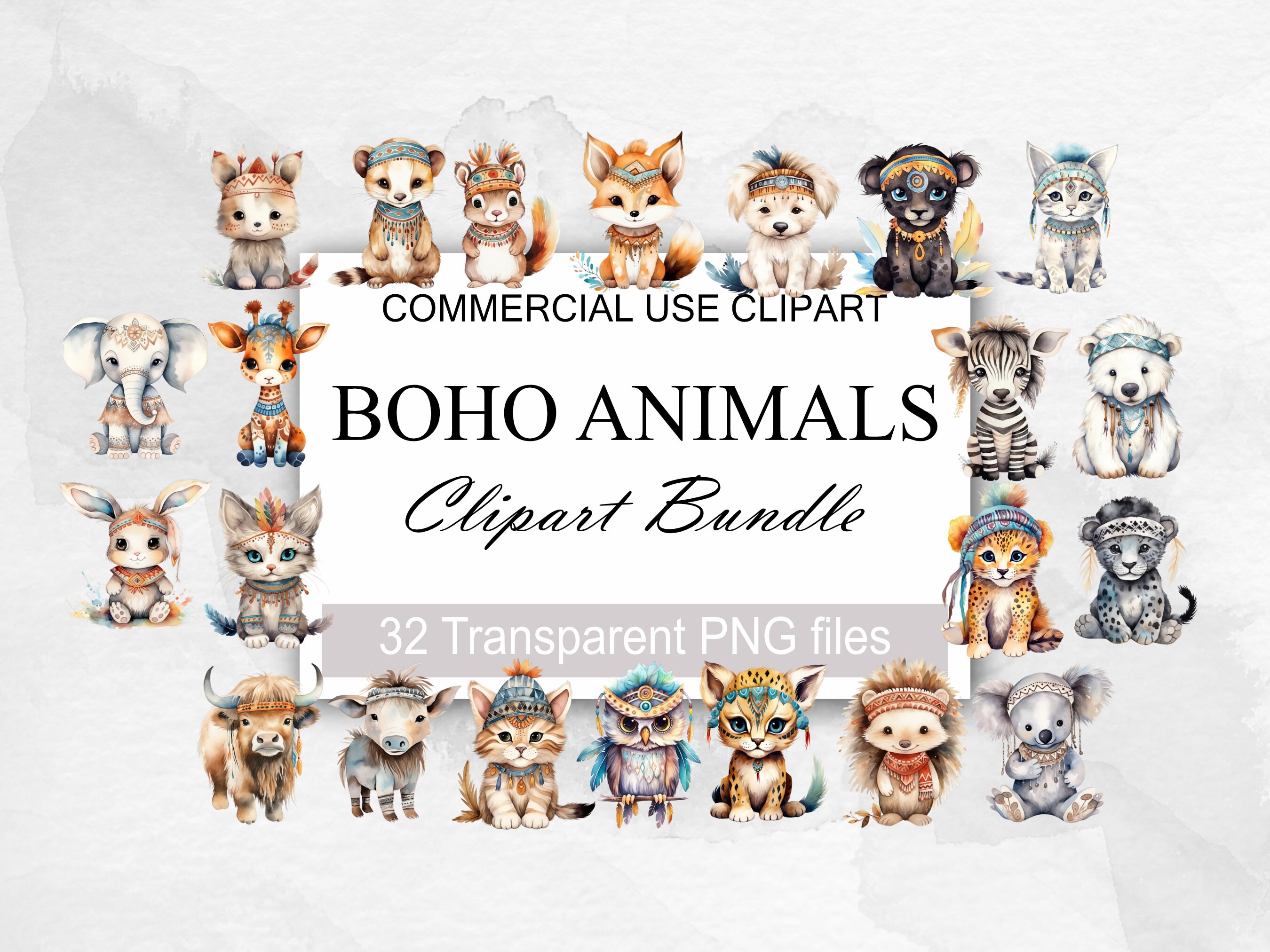 Watercolor Boho Baby Clipart, 32 PNG, Nursery Animal Clip Art, Newborn ...