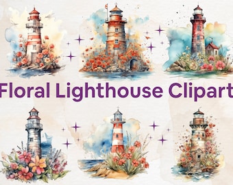 18 PNG Watercolor Lighthouses Clipart, Floral Ocean cute nautical ocean clip art graphics in PNG format instant download for commercial use