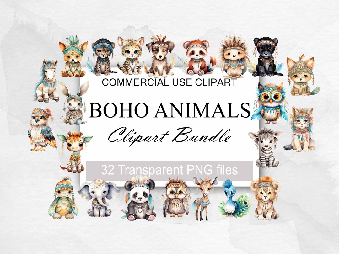 Watercolor Boho Baby Clipart, 32 PNG, Nursery Animal Clip Art, Newborn ...