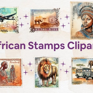 20 PNG acuarela sellos postales africanos Clipart sellos postales falsos Clip Art Bundle Junk Journals Journals Ephemera Digital Commercial Use