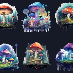 May include: A digital illustration of six different mushroom clusters. Each cluster is set against a dark blue background with a watercolour effect. The mushrooms are brightly coloured with red, orange, purple, and blue hues. The mushrooms are surrounded by a variety of green foliage and small white flowers.