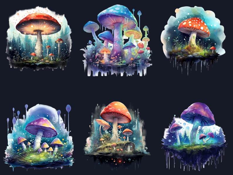 May include: A digital illustration of six different mushroom clusters. Each cluster is set against a dark blue background with a watercolour effect. The mushrooms are brightly coloured with red, orange, purple, and blue hues. The mushrooms are surrounded by a variety of green foliage and small white flowers.