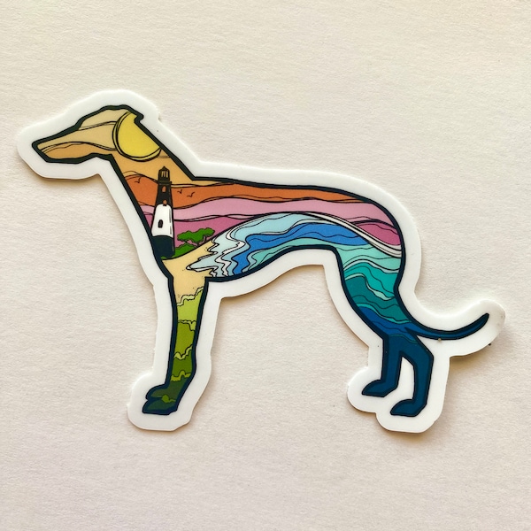 MEDIUM 4" Lighthouse Beach Dog Sticker Decal - Greyhound Whippet Galgo Lurcher