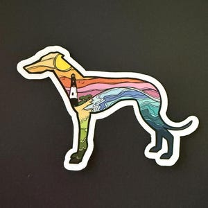 LARGE 5&quot; Lighthouse Beach Dog Sticker Decal - Greyhound Whippet Galgo Lurcher