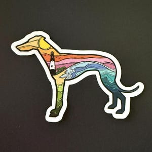 MEDIUM 4&quot; Lighthouse Beach Dog Sticker Decal - Greyhound Whippet Galgo Lurcher