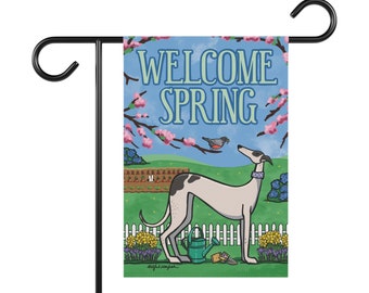 Welcome Spring Hound Garden Flag - Greyhound Whippet Galgo