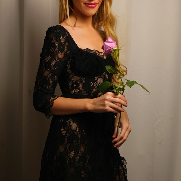 Spitze Elegante Spitzenkleid Cottagecore Geschenke für Frauen Y2K Lange Romantische Fairycore Look Ästhetische Schöne Schwarze Kleid