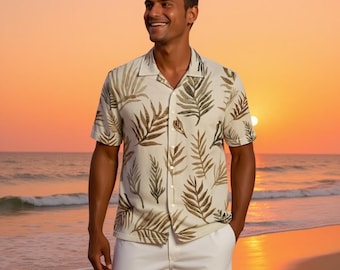Camisa hawaiana de algodón para hombre | Camisa transpirable de verano | Camisa Aloha, camisa ligera de playa | Camisa de vacaciones | Camisa de manga corta con tapeta de botones