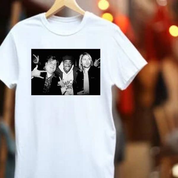 Chris Farley Tupac Shakur and Kurt Cobain partying Unisex Men's Cotton Crew T-shirt Vintage 90s streetwear hip hop best seller 2pac