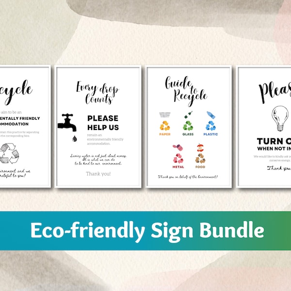 Airbnb Eco Sign Set of 4, Editable House Rules, Recycle Guide, Printable Signage, Vacation Rental Poster, Eco-Friendly PDF, Digital Download