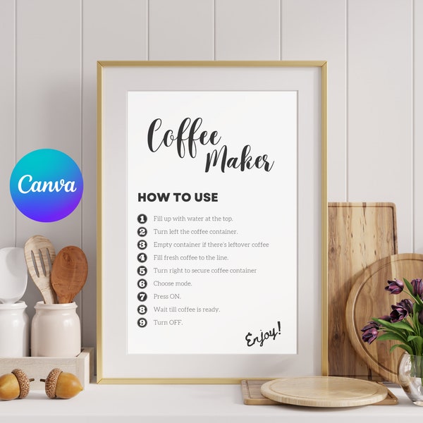 Editable Coffee Maker Sign, Printable Airbnb Kitchen Sign, Custom VRBO Signage, Instructions for Rental Home Guests, Instant Download PDF