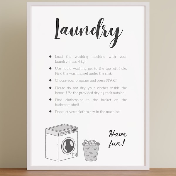 Editable Laundry Room Sign, Washing Machine Instructions, Printable Airbnb Signage, Custom VRBO Poster, House Rules, Instant Download PDF