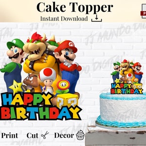 スーパーマリオケーキトッパー、即時ダウンロード、キッズパーティーデコレーション、印刷可能なマリオブラザーズケーキデコレーション