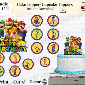 Super Mario Cake Topper and Cupcake Toppers Bundle, Kids Party Decorations , Digital Download