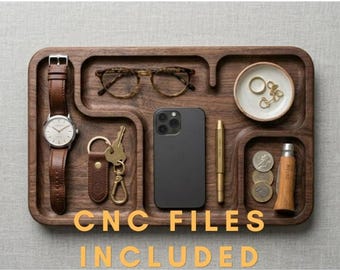 CNC Files EDC Valet Tray STL step | Wooden Desk Organizer Digital Download | Laser Cut & 3d Print Phone Wallet Keys Holder
