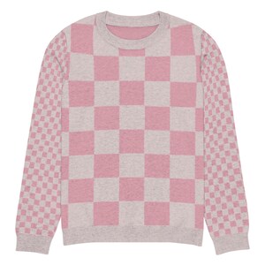 May include: A crew neck sweater with a pink and gray checkerboard pattern on the front and back. The sleeves have a smaller, pink and gray checkerboard pattern. The sweater is made of a soft, textured material.