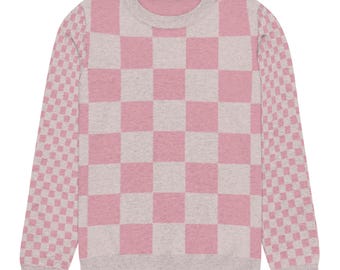 Girls' Chess Pattern Knitted Crew Neck Sweater - Cozy, Stylish Knitwear