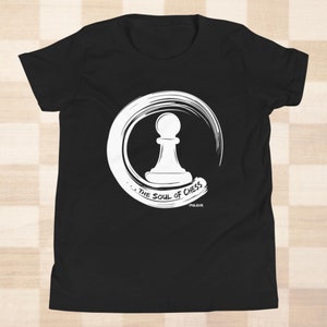 May include: Black t-shirt with a white graphic of a chess pawn in a circle with the text "...THE SOUL OF CHESS - PHILIDOR".