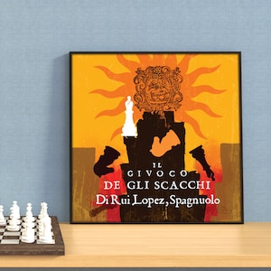 May include: A vintage-style poster with a yellow background and a black silhouette of a chessboard. The poster features the text "IL GIVOCO DEGLI SCACCHI Di Rui Lopez, Spagnolo".