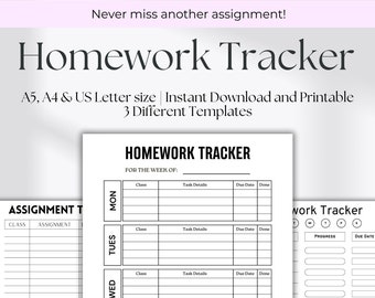 Homework  Schedule Tracker Printable | Assignment Tracker | Homework Planner | Student Work Planner | A4, A5 & Letter | PDF Instant Download