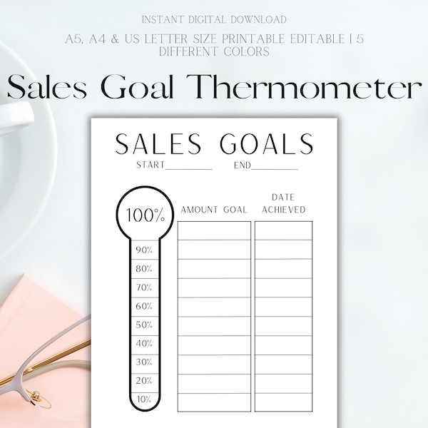 Printable Sales Goal Tracker, Simple Finance Thermometer Chart Tracker, Minimalist Goal, Printable Thermometer, Digital Download Printable