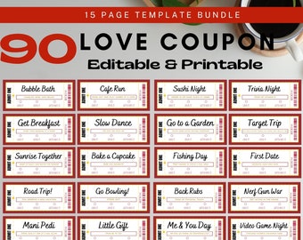 Editable Printable Love Coupons Book Template -Anniversary or Valentine&#39;s Day Gift for Any Gender- Printable Birthday,  Surprise Gift Coupon