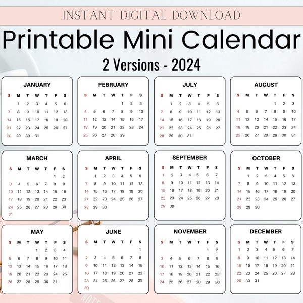 2024 Mini Calendars | Monthly Planner | Minimalist Calendar | 3.5 x3.4 Inches | Cuttable Monthly Desk Calendar | Instant PDF Download