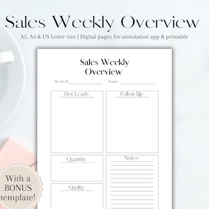 May include: A black and white printable sales weekly overview template with sections for hot leads, follow up, quantity, quality, and notes. The template is designed for use with annotation apps and is available in A5, A4, and US Letter sizes.