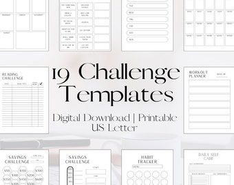 19 Challenge Templates, Savings Template, 30-21-14-10 Day Challenges, Self-care, Daily Planner, Workout Tracker, and Reading Challenge