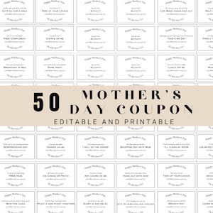 Mother 50 Coupon Book Gift, Printable Coupon Gift for Her, Simplistic Editable Mother&#39;s Day Gift, Gift for Mothers