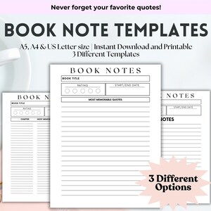 Book Review Notes Template, Book Tracker Review, Reading Lover Gift, Book Notes, Reading Journal A4/A5/Letter, Instant Download PDF