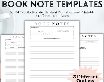 Book Review Notes Template, Book Tracker Review, Reading Lover Gift, Book Notes, Reading Journal A4/A5/Letter, Instant Download PDF