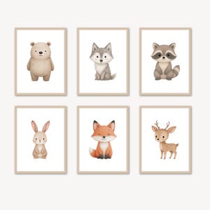 Woodland Nursery Prints Set of 6 – Forest Animal Wall Art, Forest Animal Decor (Fox, Deer, Bear, Bunny, Raccoon, Wolf)