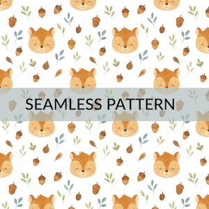 May include: A seamless pattern featuring smiling cartoon squirrels, acorns, leaves, and small dots on a white background. The text "SEAMLESS PATTERN" is displayed in a gray banner across the image. The design has a soft, watercolor style.