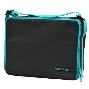 May include: A rectangular black carrying case with bright turquoise trim and a matching adjustable shoulder strap. The bag features a zippered closure and a small rectangular patch on the lower right corner with the text CASE LOGIC in turquoise.