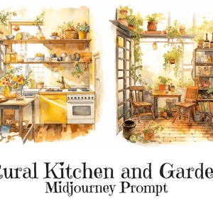 Midjourney prompt, Watercolor Illustrations, Rural Kitchen and Garden Prompt,