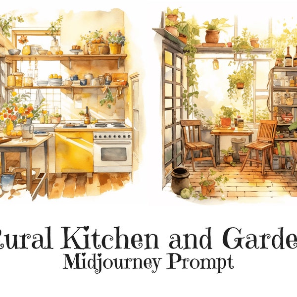 Midjourney Prompts for Watercolor Illustrations, Rural Kitchen and Garden Prompt, Interiors Ai Art, Learn Midjourney, Digital Art, Art Print