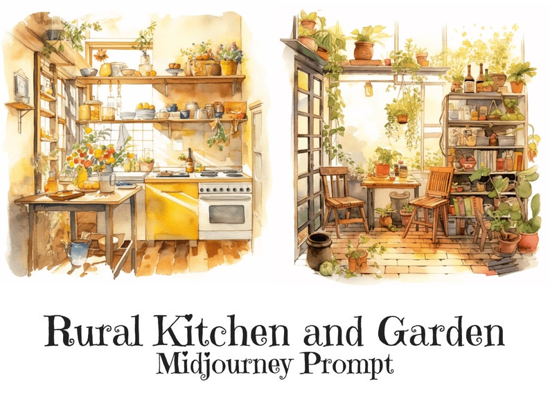 Midjourney prompt, Watercolor Illustrations, Rural Kitchen and Garden Prompt,