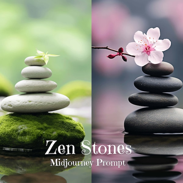 Zen Stones Midjourney Prompt, Stack of Stones Prompt, Japanese Zen Garden Stones Prompt for Meditation and Yoga Art, Wallpapers, Book Covers