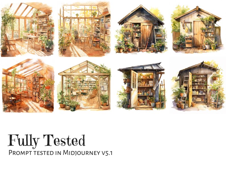 Midjourney prompt, Watercolor Illustrations, Rural Kitchen and Garden Prompt, Fully tested