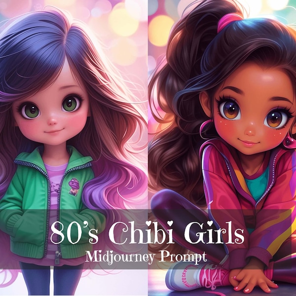 80's Chibi Girls Midjourney Prompt, Cute Kawaii Dolls with Big Eyes, Sweet Smile Dolls, Niji Art, Best Midjourney, 80's Vibe, Customizable