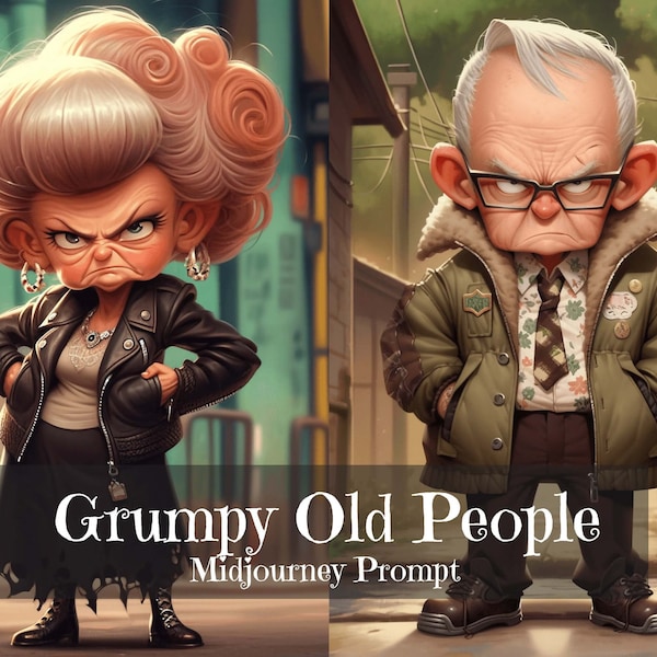 Grumpy Old People Midjourney Prompt, Angry Elders Funny Illustrations, Elders Cartoons AI Art, Funny Midjourney Prompt, Best Midjourney