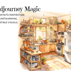 Midjourney prompt, Watercolor Illustrations, Rural Kitchen and Garden Prompt, Midjourney magic