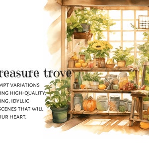 Midjourney prompt, Watercolor Illustrations, Rural Kitchen and Garden Prompt, A treasure trove of prompt variations