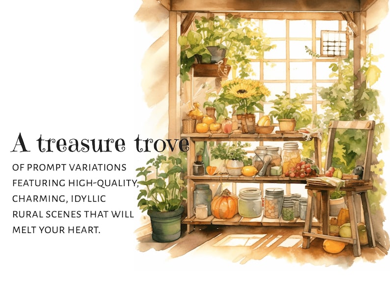 Midjourney prompt, Watercolor Illustrations, Rural Kitchen and Garden Prompt, A treasure trove of prompt variations