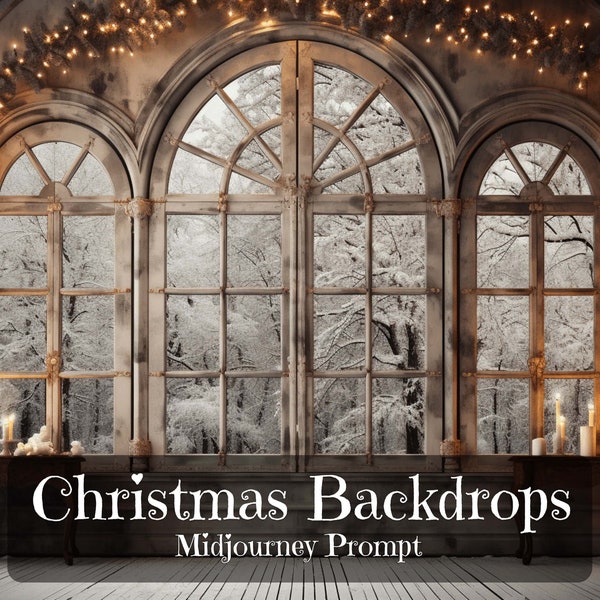 Christmas Backdrops Midjourney Prompt, AI Winter Backdrops, Beautiful Windows and Fireplaces Decorated for Christmas, Midjourney Magic