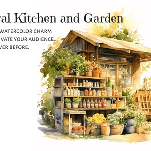 Midjourney prompt, Watercolor Illustrations, Rural Kitchen and Garden Prompt, Watercolor charm