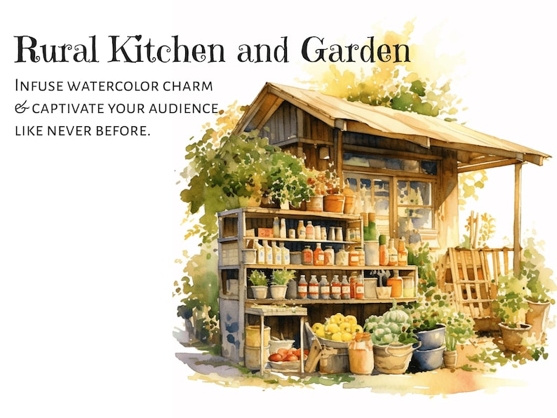 Midjourney prompt, Watercolor Illustrations, Rural Kitchen and Garden Prompt, Watercolor charm